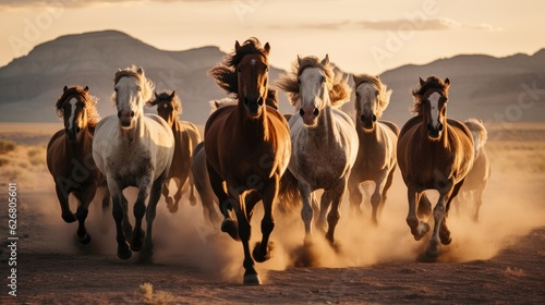 Group of horses running gallop in the desert. Generative AI