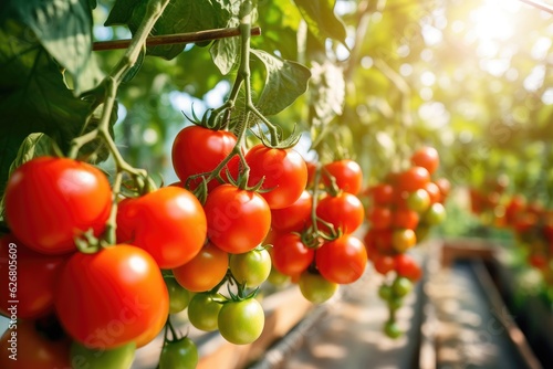 Fresh organic ripe tomatoes branch growing in greenhouse, digital ai.