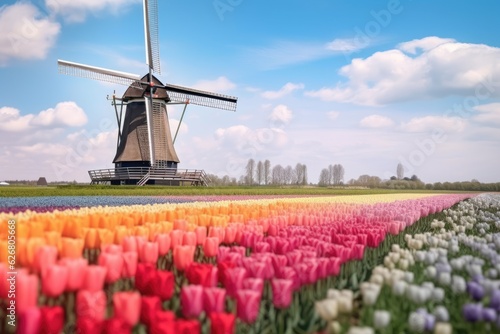 Traditional dutch windmill and colorful stripes of tulips field, Holland. Generative AI