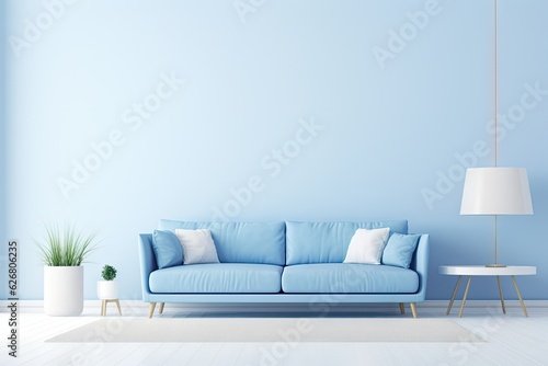 Interior of living room with blue sofa 3d rendering. Generative AI © midart