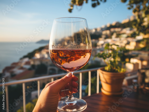 A glass of wine on the balcony of a villa, held by a hand in a close-up shot, captures the stunning views of the Amalfi Coast in Italy. The Mediterranean Sea , . Generative AI.