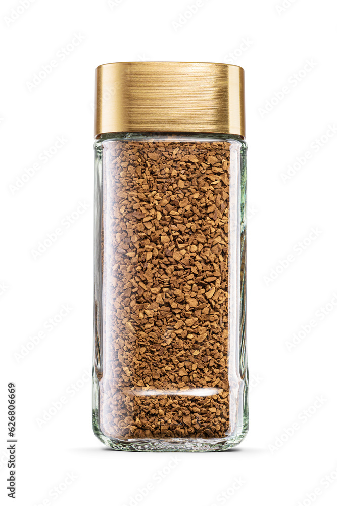 Instant coffee in glass jar with golden lid isolated. Transparent PNG image. Instant coffee in glass jar with golden lid isolated. Transparent PNG image.