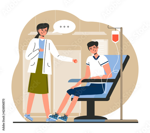 Young male sitting on couch in hospital, talking with nurse and donate blood for people in need. Medical center for blood collection. Lifesaving impact of blood concept. Flat vector illustration