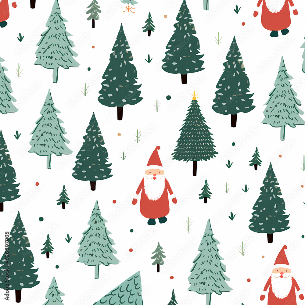 christmas print template samples with fir tree, santa claus, gift box, cartoon paint style for pijamas generative ai