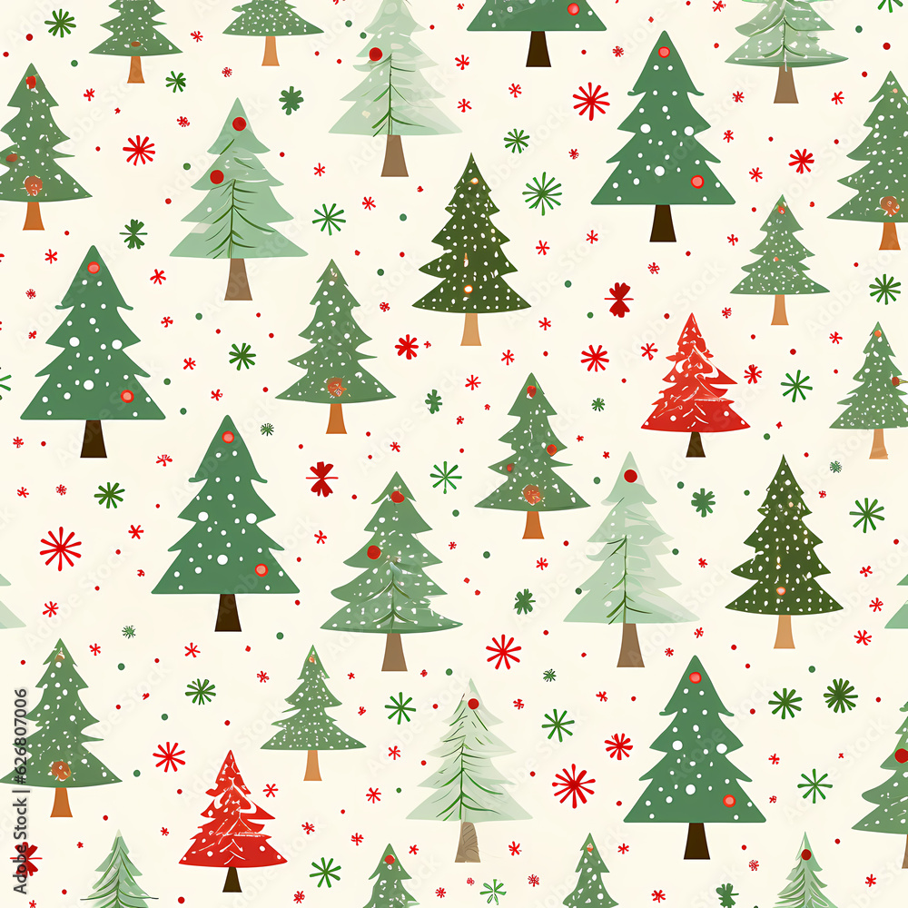 christmas print template samples with fir tree, santa claus, gift box, cartoon paint style for pijamas generative ai