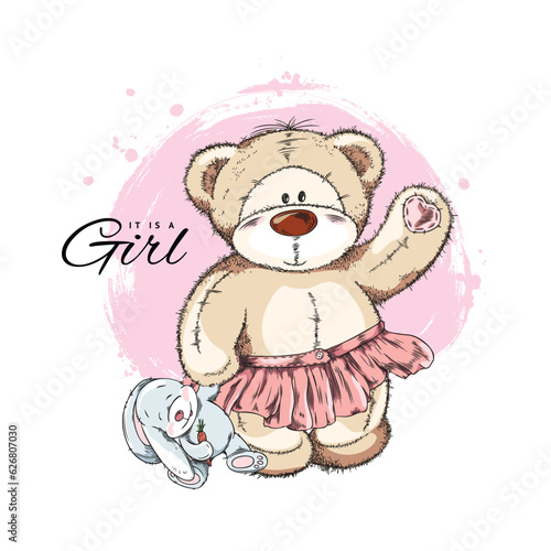 Cute girl teddy bear in pink skirt waving, hand drawn sketch vector illustration isolated on white background.