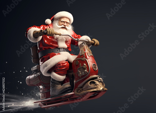 happy santa claus isolated holding smartphone in hand or megaphone, shows thumbs up, pointing at empty space with index finger.santa in modern car trunk with lot of gifts, nighttime generative ai