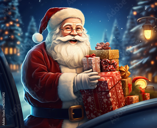 happy santa claus isolated holding smartphone in hand or megaphone, shows thumbs up, pointing at empty space with index finger.santa in modern car trunk with lot of gifts, nighttime generative ai