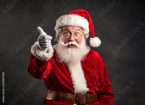 santa claus pointing at empty space, using megaphone.yun man in santa suit eating in modern kitchen generative ai