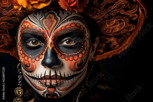 Close up of woman with Halloween Dia de los Muertos costume face paint