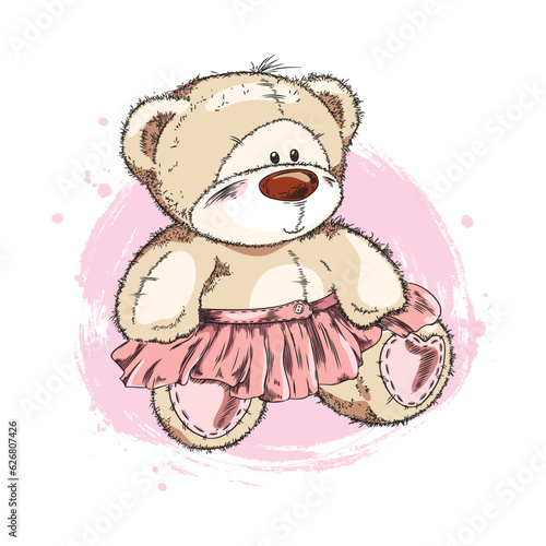 Colored watercolor isolated vector cartoon sketch of funny sitting teddy bear, Hand drawn pretty girl bear doll in skirt