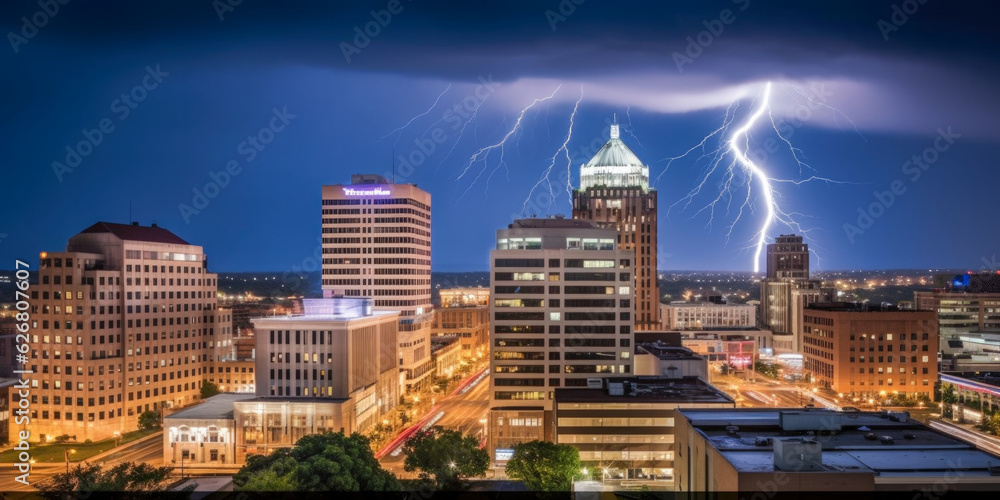 Fototapeta premium City skyline during a Thunderstorm - Generative AI