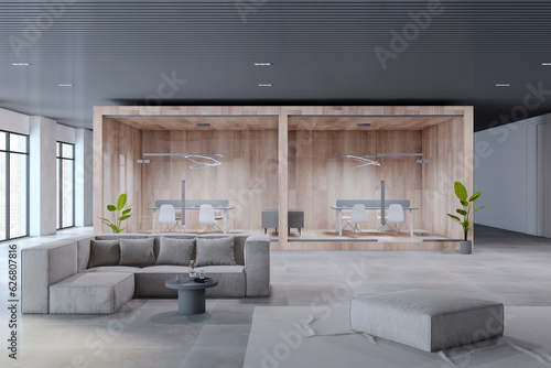 Modern wooden and concrete open space designer office interior with furniture, panoramic windows with city view and various objects. 3D Rendering.