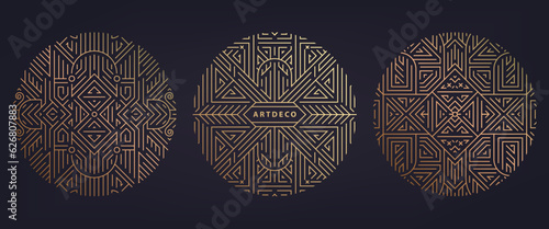 Vector set of art deco frames, adges, abstract geometric design templates for luxury products. Linear ornament compositions, vintage. Use for packaging, branding, decoration, etc. Golden circles