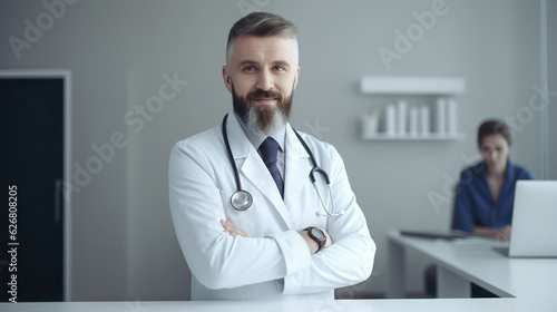 Doctor in uniform with stethoscope at the reception desk
