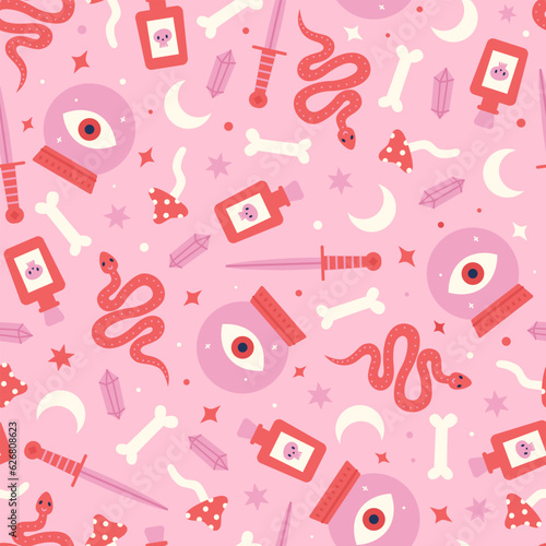 Cute witchcraft tools Halooween seamless pattern. 