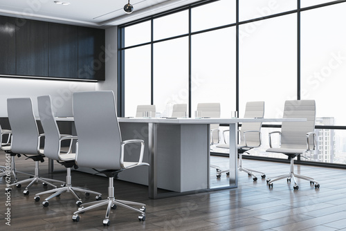 Modern empty meeting room interior with white office table and chairs, window and wooden floor. 3D Rendering © Who is Danny