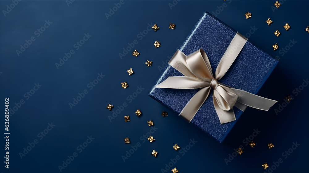 Dark blue gift box with gold satin ribbon on dark background. Top view