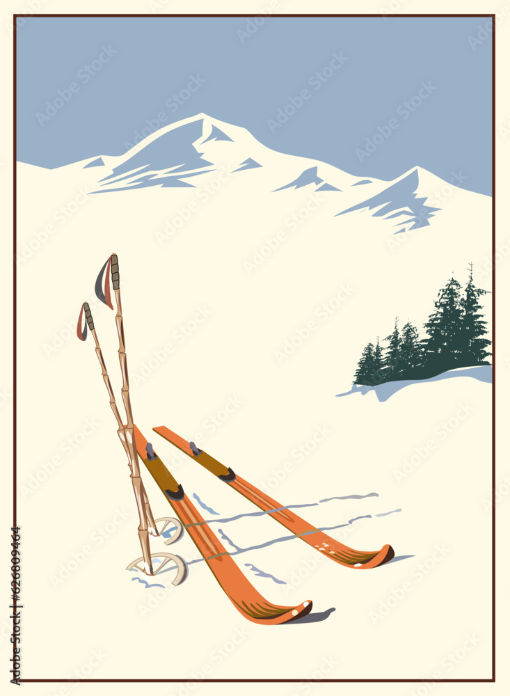 Vintage winter ski poster. Vintage wooden skis with bamboo ski poles on ski track against winter mountains background. Refined interior solution. - obrazy, fototapety, plakaty 