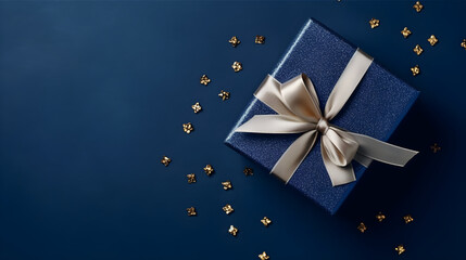 Dark blue gift box with gold satin ribbon on dark background. Top view of birthday gift with copy space for holiday or Christmas present