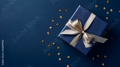 Dark blue gift box with gold satin ribbon on dark background. Top view of birthday gift with copy space for holiday or Christmas present photo