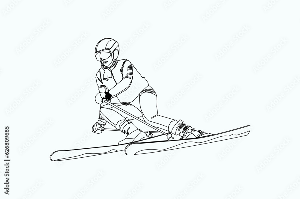 Vector illustration. An experienced female skier descends the mountain. Line drawing. Minimalistic design.