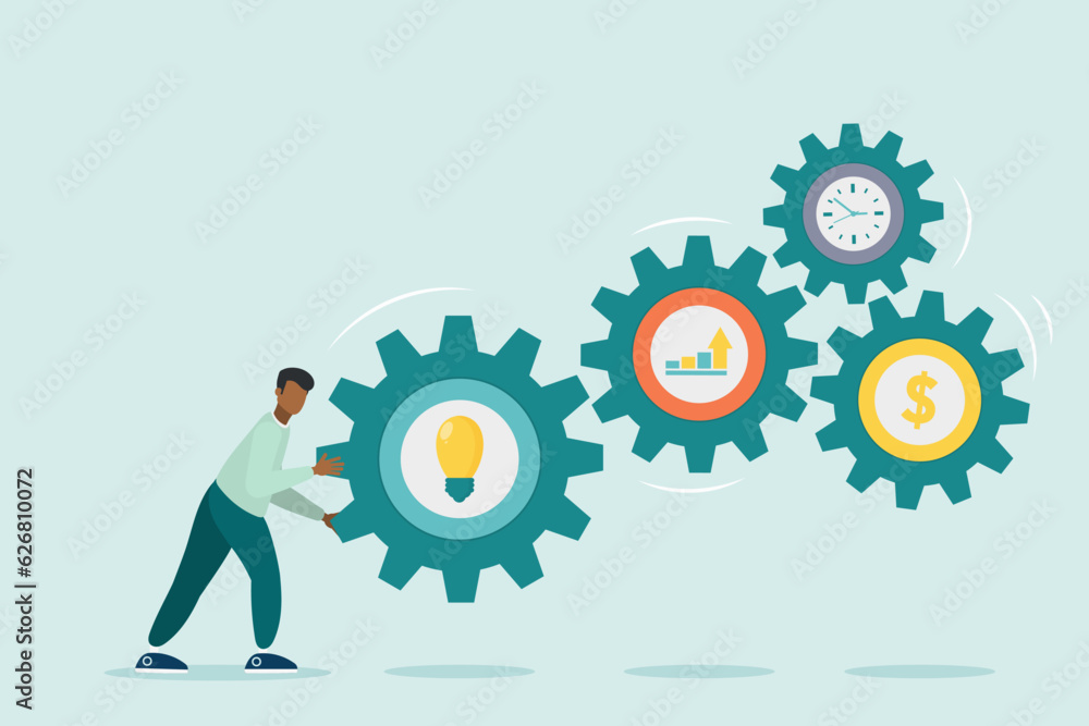 Character is pushing a big gear. Search for a solution to the problem. Symbol of opportunity, improvement, motivation, challenge. Effort and time to make money, success long term investment.
Character is pushing a big gear. Search for a solution to the problem. Symbol of opportunity, improvement, motivation, challenge. Effort and time to make money, success long term investment.
