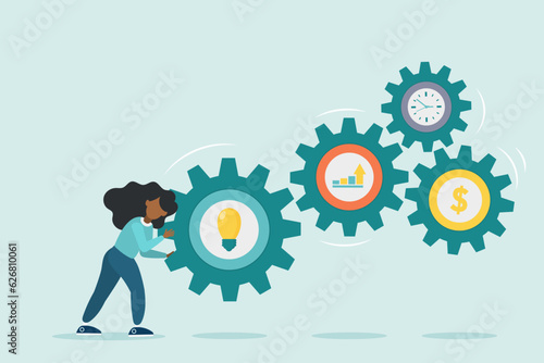 Character is pushing a big gear. Search for a solution to the problem. Symbol of opportunity, improvement, motivation, challenge. Effort and time to make money, success long term investment.

