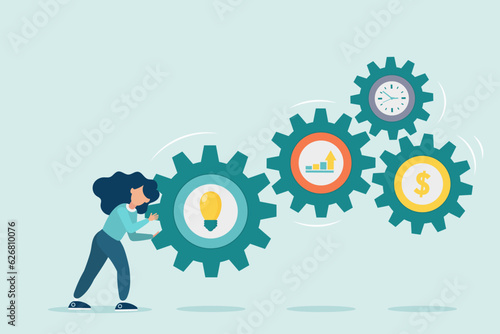 Character is pushing a big gear. Search for a solution to the problem. Symbol of opportunity, improvement, motivation, challenge. Effort and time to make money, success long term investment.
