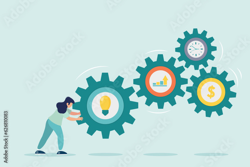 Character is pushing a big gear. Search for a solution to the problem. Symbol of opportunity, improvement, motivation, challenge. Effort and time to make money, success long term investment.
