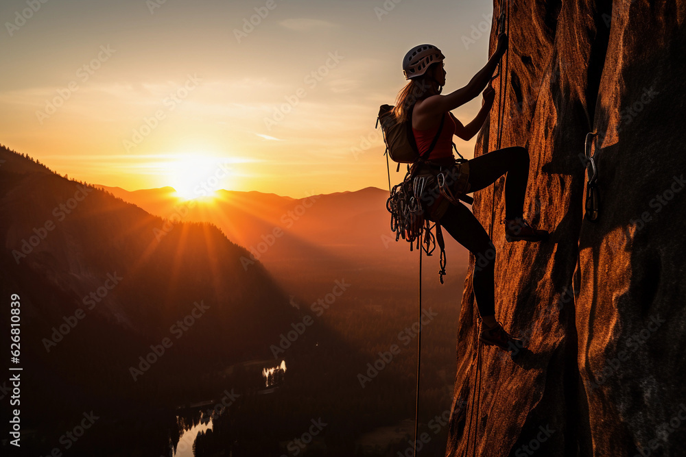 Adventurous woman, rock climbing in Yosemite, sunrise lighting her silhouette, warm, powerful, inspiring - obrazy, fototapety, plakaty 