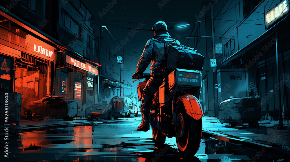 a futuristic courier robot delivering a package, in a busy city street, night time, neon - lit, Blade Runner aesthetics