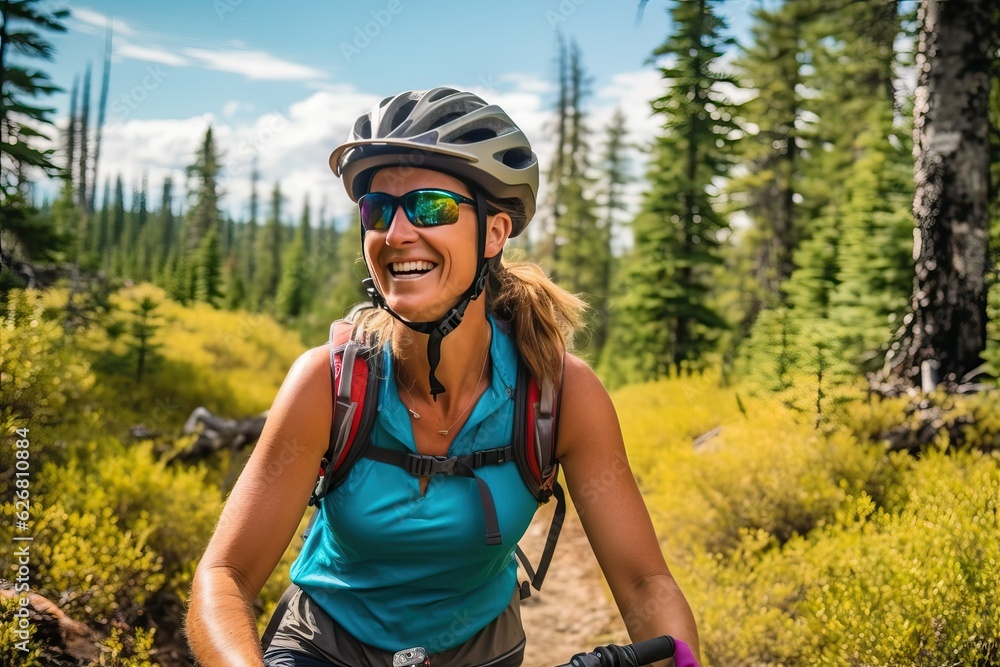 Riding a bike, Smiling woman mountain biking on the trail, outdoor sport Riding a bike, Smiling woman mountain biking on the trail, outdoor sport