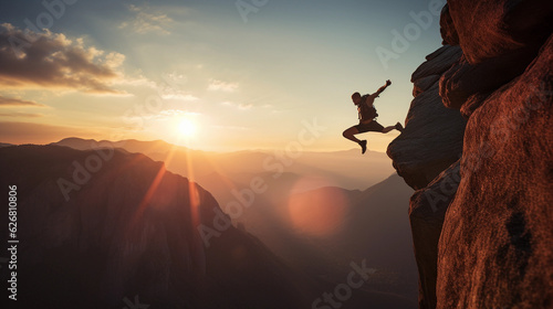 Epic capture of a rock climber, muscles strained, mid - jump between two cliffs, breathtaking mountain landscape in the background, vibrant sunset, intense, action shot