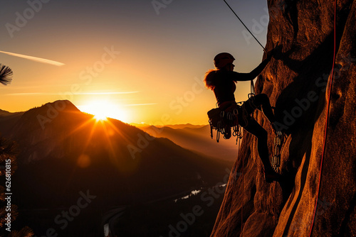 Adventurous woman, rock climbing in Yosemite, sunrise lighting her silhouette, warm, powerful, inspiring © Marco Attano