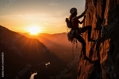 Adventurous woman, rock climbing in Yosemite, sunrise lighting her silhouette, warm, powerful, inspiring