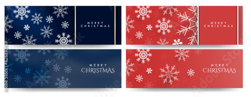 Set of Horizontal Christmas Banners with copy space. Blue Gradient Christmas banner with white snowflakes, gold embellishments. Red Christmas banners with big 3d snowflakes. Vector Illustration.