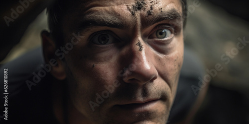 High - angle shot of a climber looking up, determination in his eyes, sweat on his brow, narrow focus, blurred background of rocky terrain