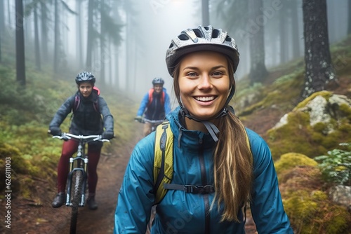 Riding bicycle in forest, Smiling woman mountain biking on the trail