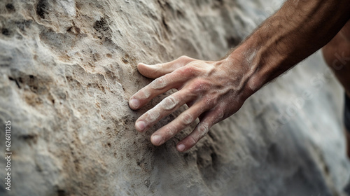 Detailed  close - up shot of climber s hand gripping a rocky edge  dust and chalk particles in the air  focus on rough texture of rock and calloused skin  raw  intense