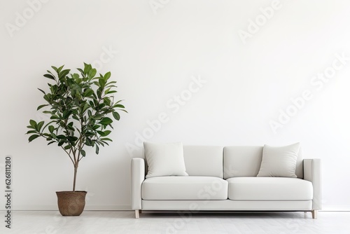 Plant on rug next to grey sofa in white living room Generative AI