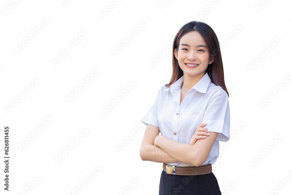 Portrait of adult Thai student in university student uniform. Young Asian beautiful girl standing smiling happily and confidently with her arms crossed while isolated on white background. Portrait of adult Thai student in university student uniform. Young Asian beautiful girl standing smiling happily and confidently with her arms crossed while isolated on white background.