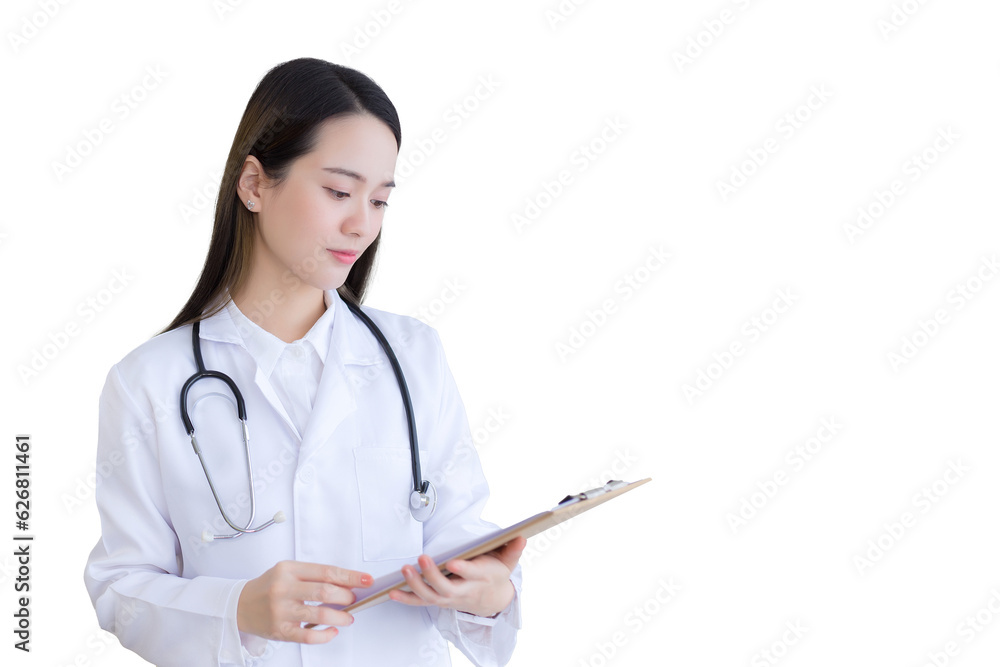 Young professional Asian woman doctor examine report document of patient to plan next treatment. She look at clipboard in her hand while working at hospital while working isolated on white background. Young professional Asian woman doctor examine report document of patient to plan next treatment. She look at clipboard in her hand while working at hospital while working isolated on white background.