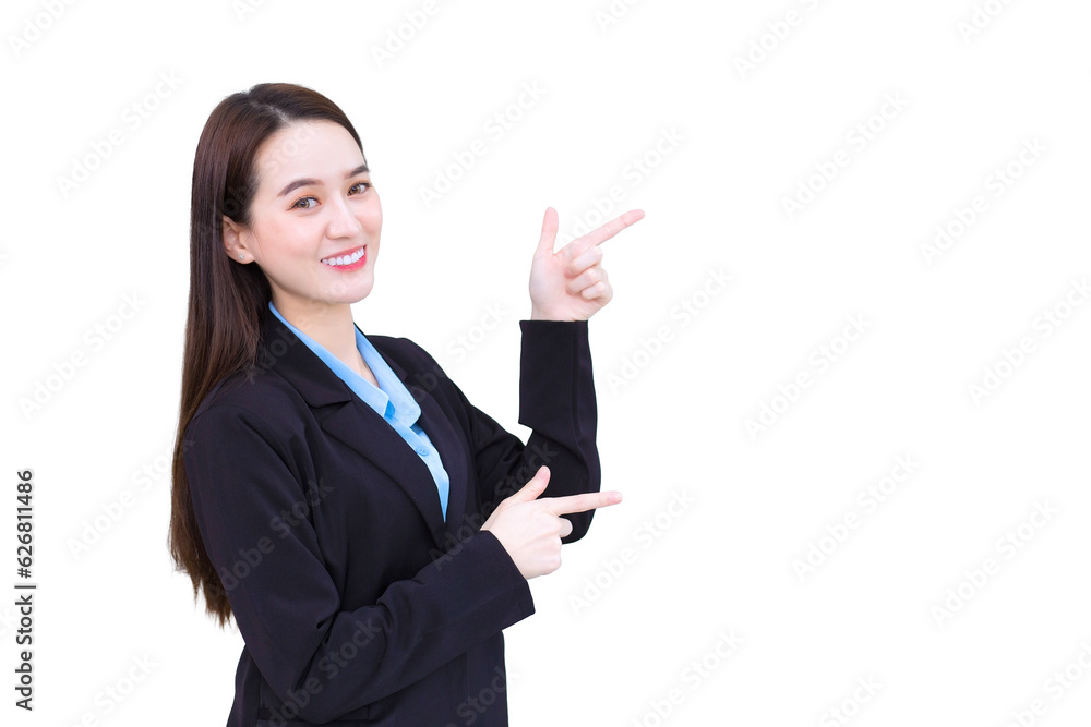 Professional young Asian confident working woman who wears black suit smiles happily is pointing hand to present something while isolated on white background. Professional young Asian confident working woman who wears black suit smiles happily is pointing hand to present something while isolated on white background.