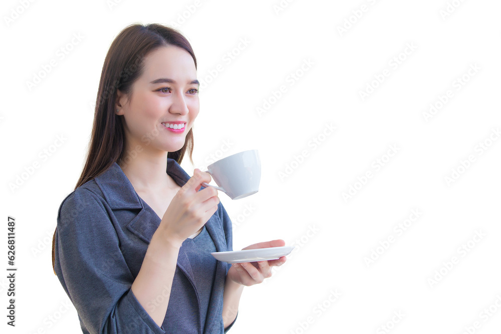 Professional young Asian confident working woman is looking out of window to think something while holds coffee cup in her hand while isolated on white background. Professional young Asian confident working woman is looking out of window to think something while holds coffee cup in her hand while isolated on white background.