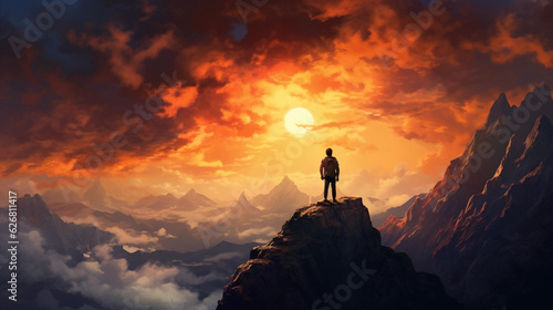 climber at the peak, looking out at the horizon, glowing sunset, abstract yet detailed, emphasis on the play of light and shadow, panoramic aspect ratio © Marco Attano