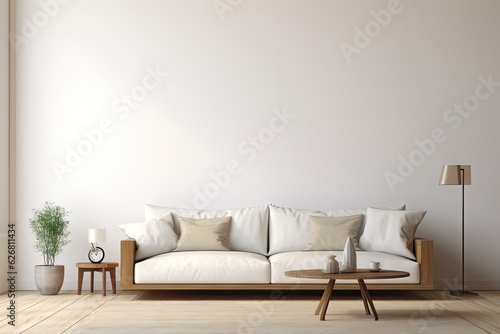Stylish interior of living room with comfortable sofa Generative AI © midart