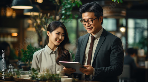 Asian businessman ceo and businesswoman worker using digital tablet in office kitchen.