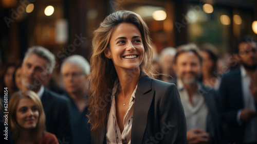 Beautiful young woman in a business suit smiling as other workers hold a meeting in background.