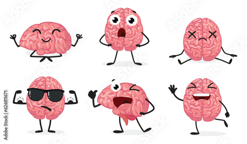 Cartoon Brain emotion, set of Cute characters, Isolated on white background